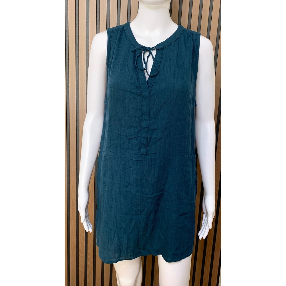 Prana Women's Large Teal Blue Crinkle Gauze Sleeveless Tie Neck Tunic Dress Top